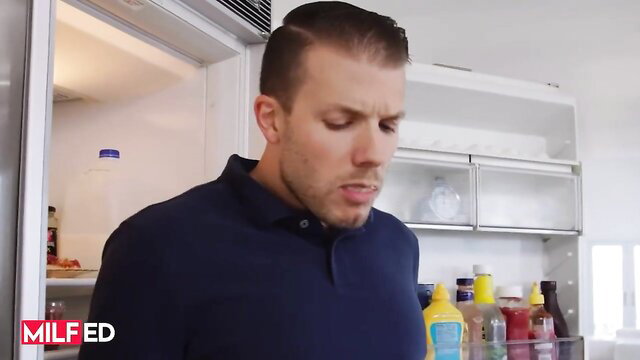 Milfed man grimacing at fridge in deep throat prep scene