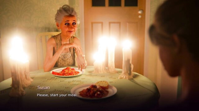 Susan silver-haired mature wench at candlelit dinner in Village Wench Transformation porn game