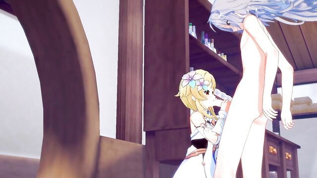 Genshin Lumine handjobs nude silver-haired futa in hentai