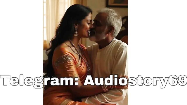 Indian MILF in orange saree passionately kisses elderly man