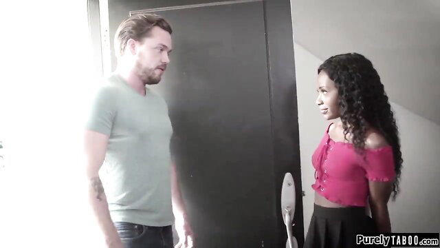 18yo black teen in pink off-shoulder top and skirt with ex-bf at door