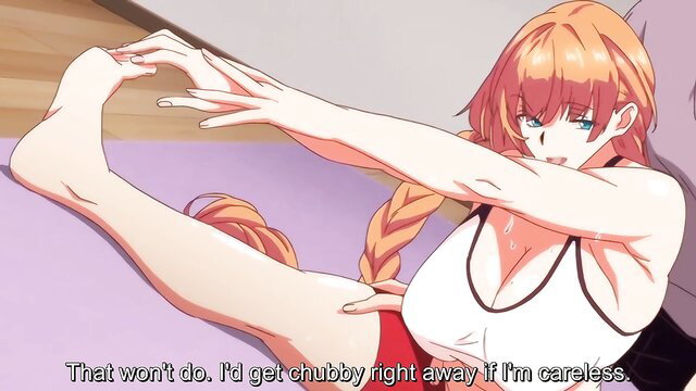 Busty orange-haired hentai girl stretches in tight sports bra, sweaty cleavage
