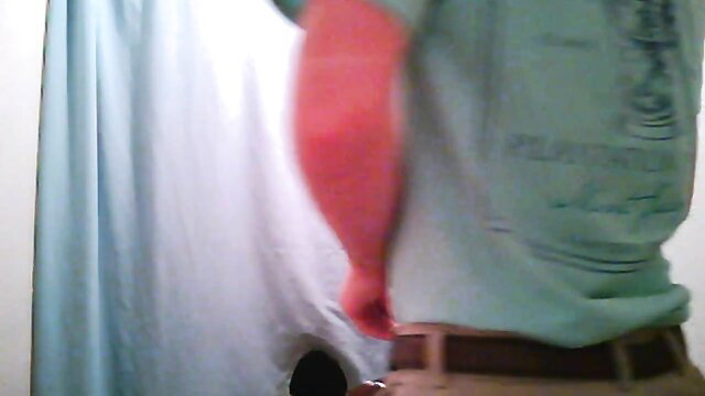 Amateur guy POV from behind exposing ass in shower, red arm visible