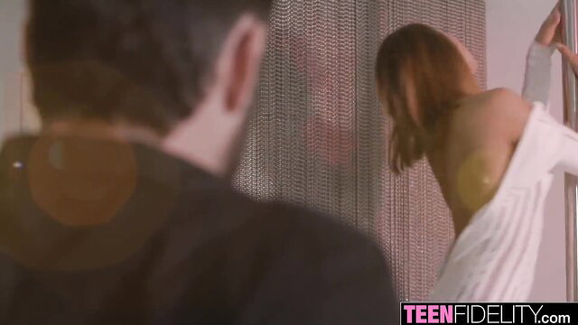 Busty Asian babe in white top teases from behind in steamy scene