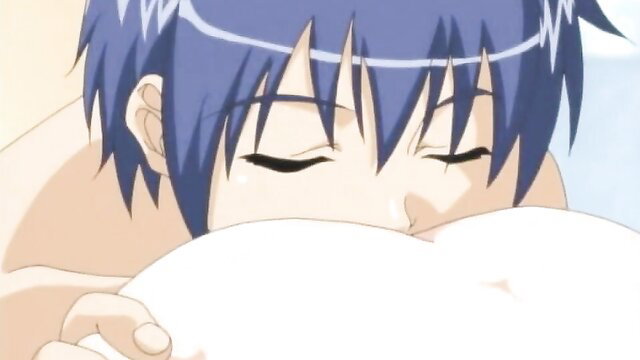 Blue-haired anime girl with closed eyes burying face in huge breasts