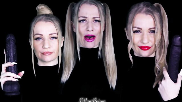 Goddess Poison blonde in pigtails holds huge black dildos, sexy faces