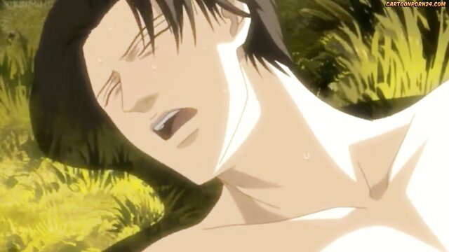 Anime gay hunk in ecstasy, shirtless outdoor hentai sex scene