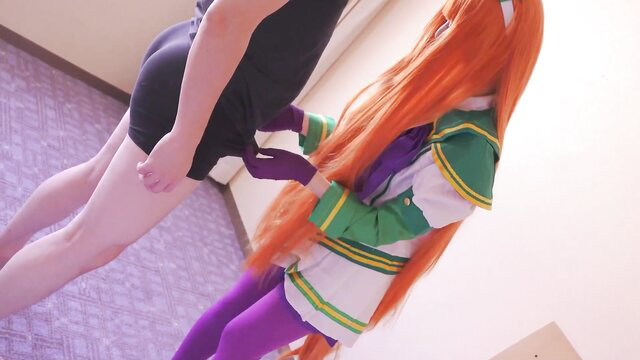 Silence Suzuka Uma Musume cosplay girl groping man's bulge in tight shorts