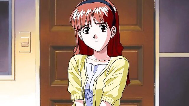 Redhead anime JAV girl in yellow cardigan at door, cute face closeup