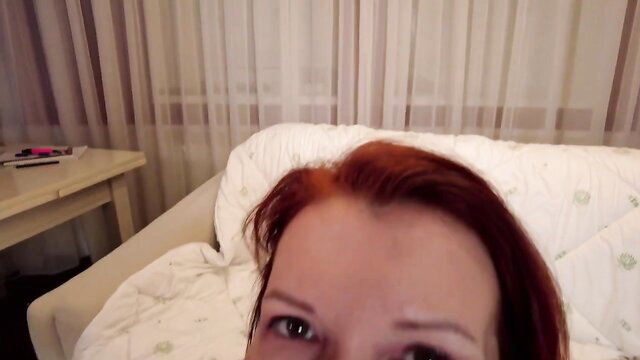 Redhead Russian stepmom Indigo Sin closeup face on bed
