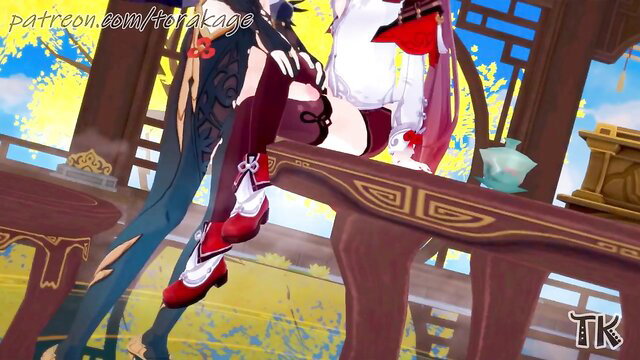 Shenhe x Hu Tao Genshin hentai teaser, thighhighs, seductive pose