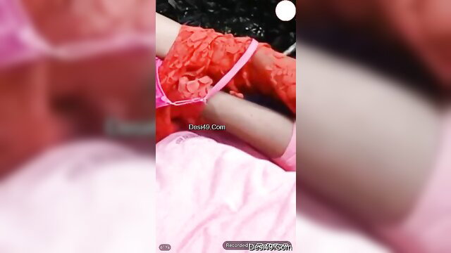 Horny Desi girl in red lingerie pressing boobs, outdoor tease