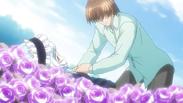 Anime girl in frilly dress surrounded by purple roses, guy leaning over her intimately
