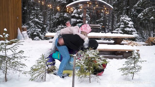 Lisa Nixon and friends gangbang dick in snow outdoors, playful fun