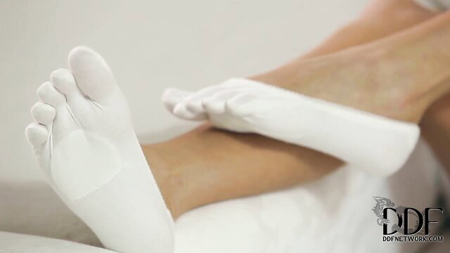 Lena Love shows off sexy white toe socks and bare legs closeup