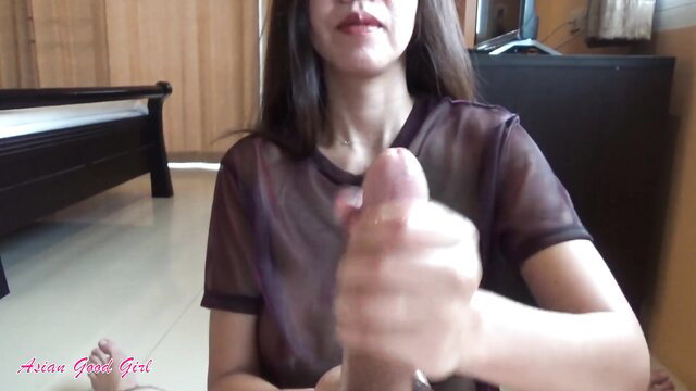 Sexy evil girl in sheer top grips huge cock closeup, messy ruined orgasm tease