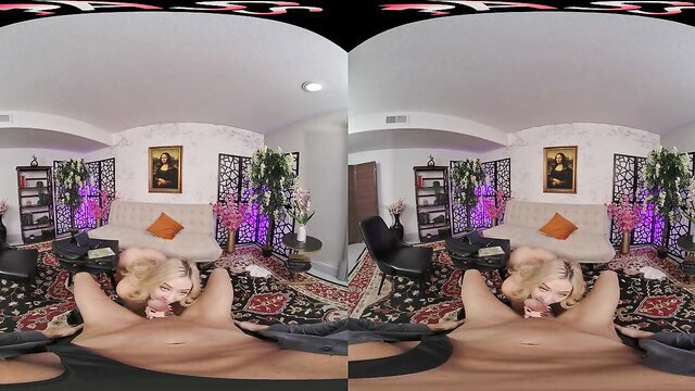 River Lynn blonde spreads legs exposing bushy pussy in VR closeup