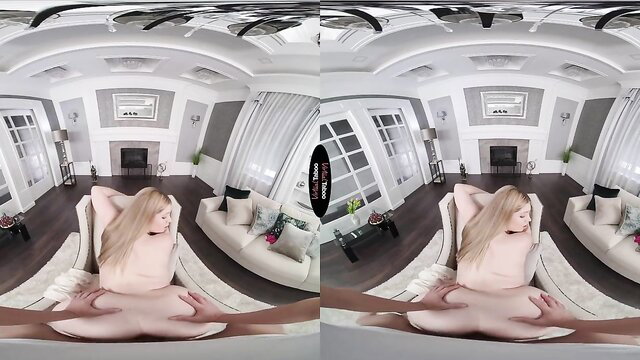 Claudia Garcia blonde babe spreads legs wide on couch in Virtual Taboo