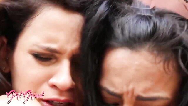 Luna Star and Vanessa Veracruz Latina lesbians kissing passionately