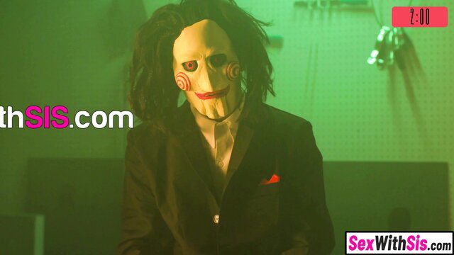 Megan Marx as Jigsaw in Saw mask seduces on Halloween