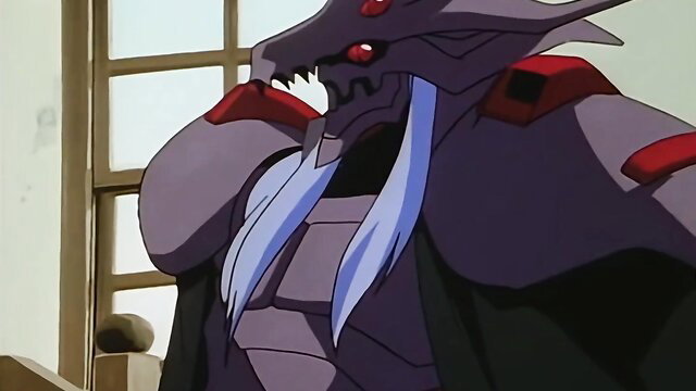 Anime dragon beastman with white beard, red eyes, muscular build in dark cape