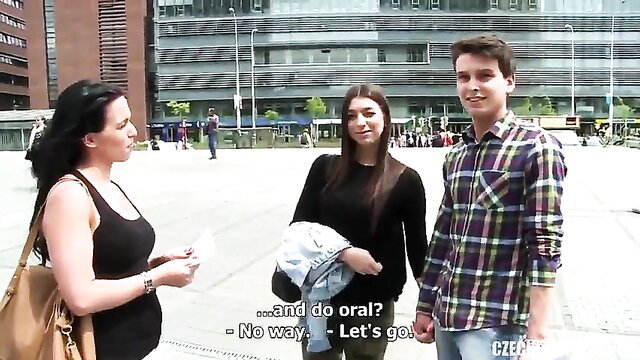 Brunette big tits babes chat with guy outdoors in sexy tops