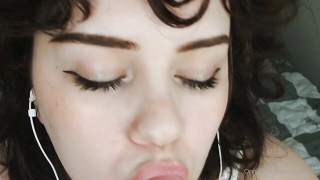 AngeASMR shy brunette with earbuds teases lips closeup OF leak