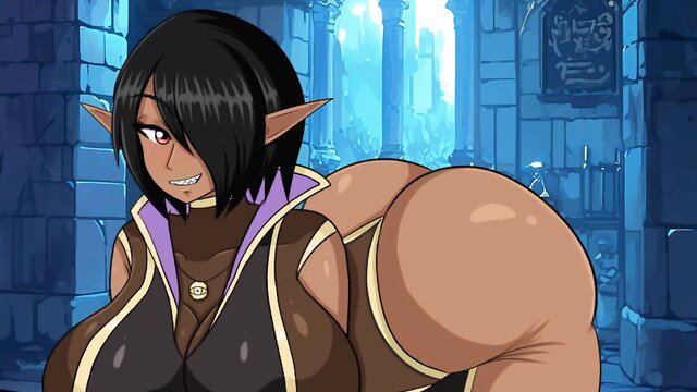 Dark elf babe with huge tits and ass in tight robe, teasing from behind