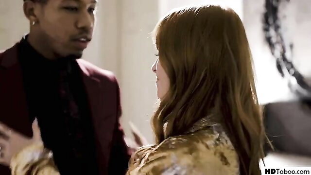 Penny Pax redhead in gold dress grabbed by suited black stud