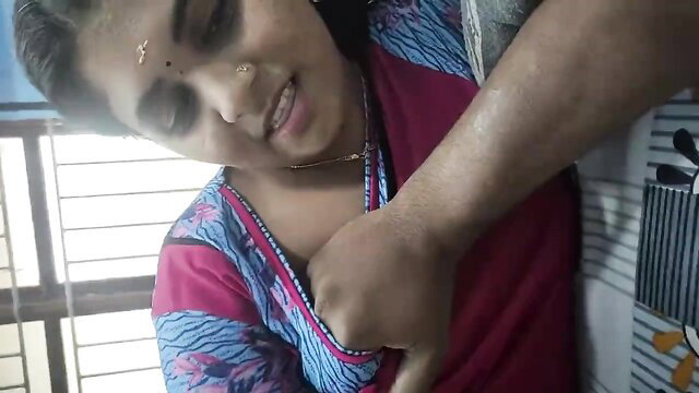 Indian chubby mom groped by man in tight saree blouse