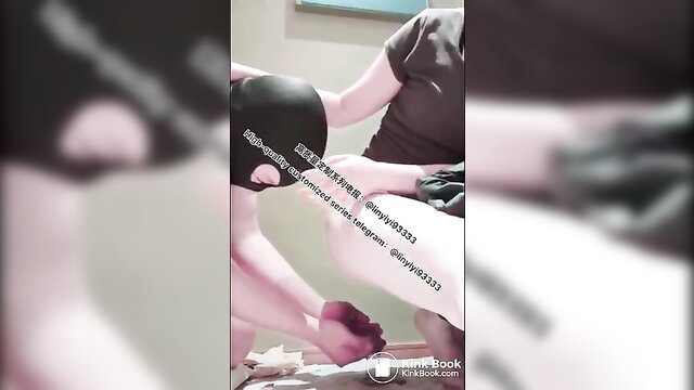 Asian beauty in balaclava shits on toilet, poop fetish closeup