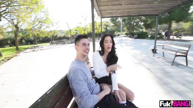 Clea Gaultier sits with guy on park bench in public tease