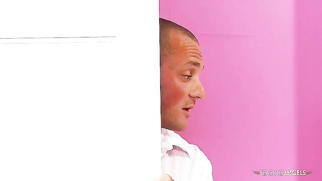 Shaved head man closeup on pink background, busty blonde slut thumbnail