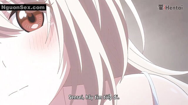 Blushing anime girl with white hair and red eyes, aroused expression closeup