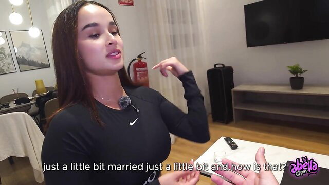 Abella Olsen Latina model in tight Nike top, thick thighs on interview