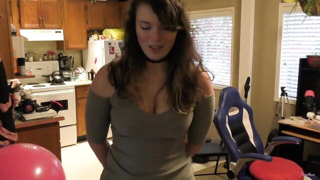 Hot busty brunette teen fatty in tight off-shoulder dress POV tease