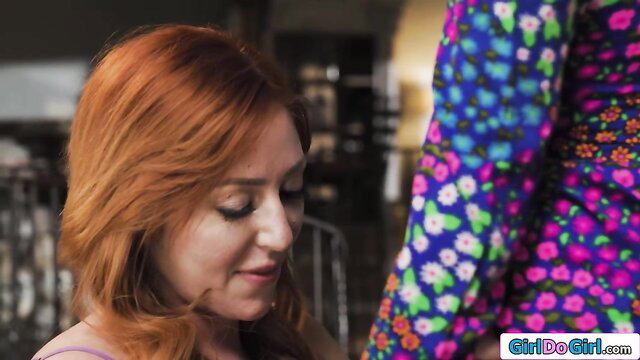 Coco Lovelock redhead closeup in colorful dress, squirt taste preview