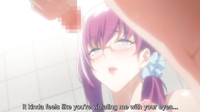 Purple-haired busty anime girl with glasses in censored JAV facial cumshot