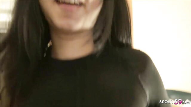 Jureka del Mar smiling in tight black top, Thai college teen amateur