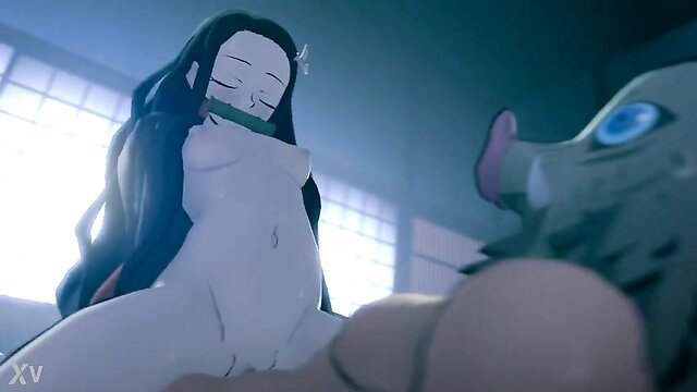 Nezuko nude straddling Inosuke hentai, explicit anime sex scene