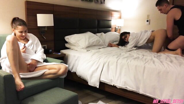 My Little Betsy watches GF fucked by boyfriend, creampie threesome