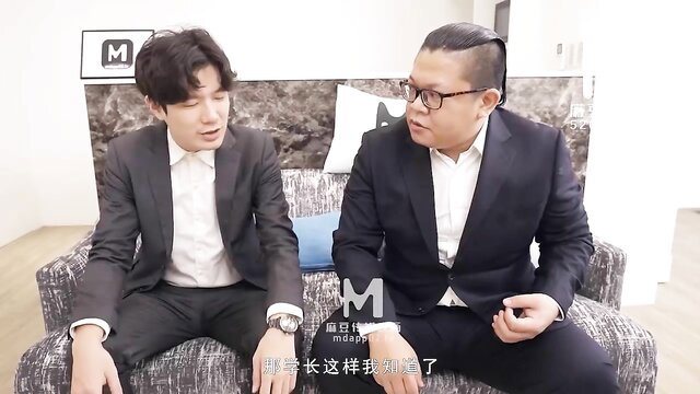 Two suited Asian men in intense gay interview on couch, Madou Media