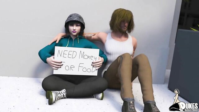 Two tight white girls in hoodies beg for money, Dukes Hardcore Honeys