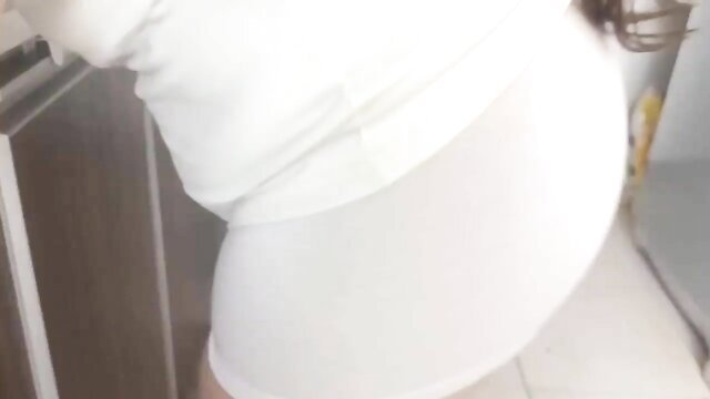 Giant cameltoe stepsister in tight white mini dress bends over housework tease