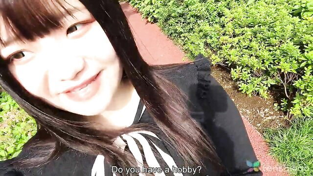 Cute chubby Madoka Watanabe in school uniform smiles at JAV interview