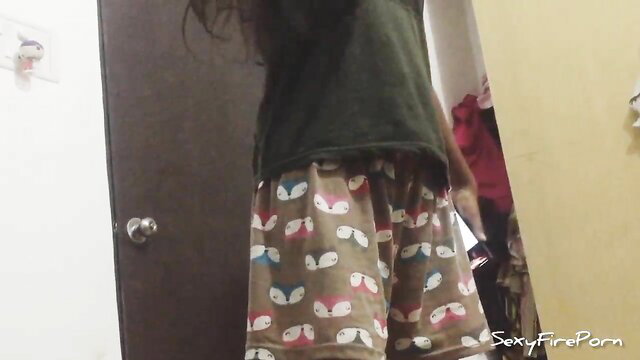 Asian girl in fox print pajama shorts mirror selfie tease