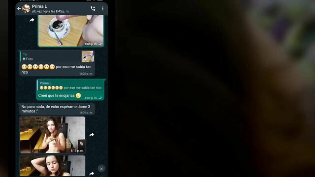 Horny Latina cousin teases on WhatsApp chat, strips braless in room