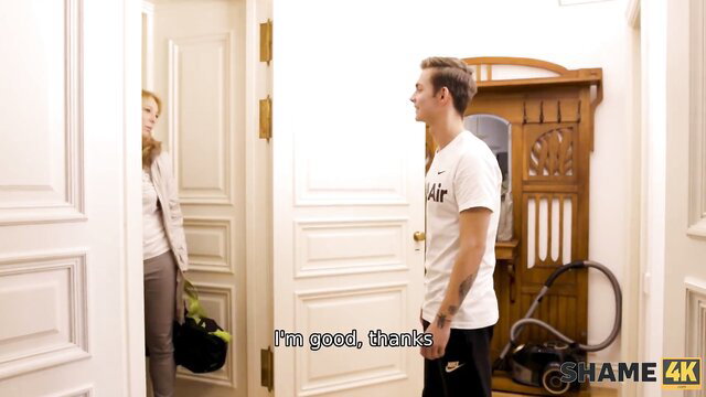 Shame4K cougar in white outfit greets tattooed guy at door