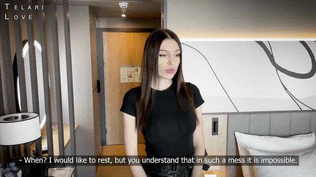 Telari Love in tight black top, hotel room tease, sexy brunette model