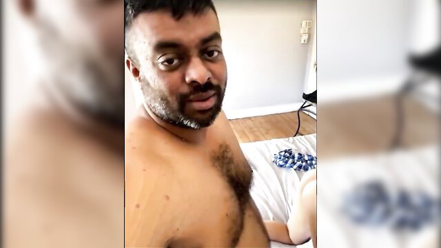 Hairy Indian man shirtless in bed with woman, amateur desi couple
